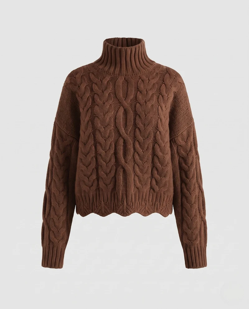 Damen Grobgestrickter Rollkragenpullover mit Zopfmuster und kastiger Silhouette Nord Taschen