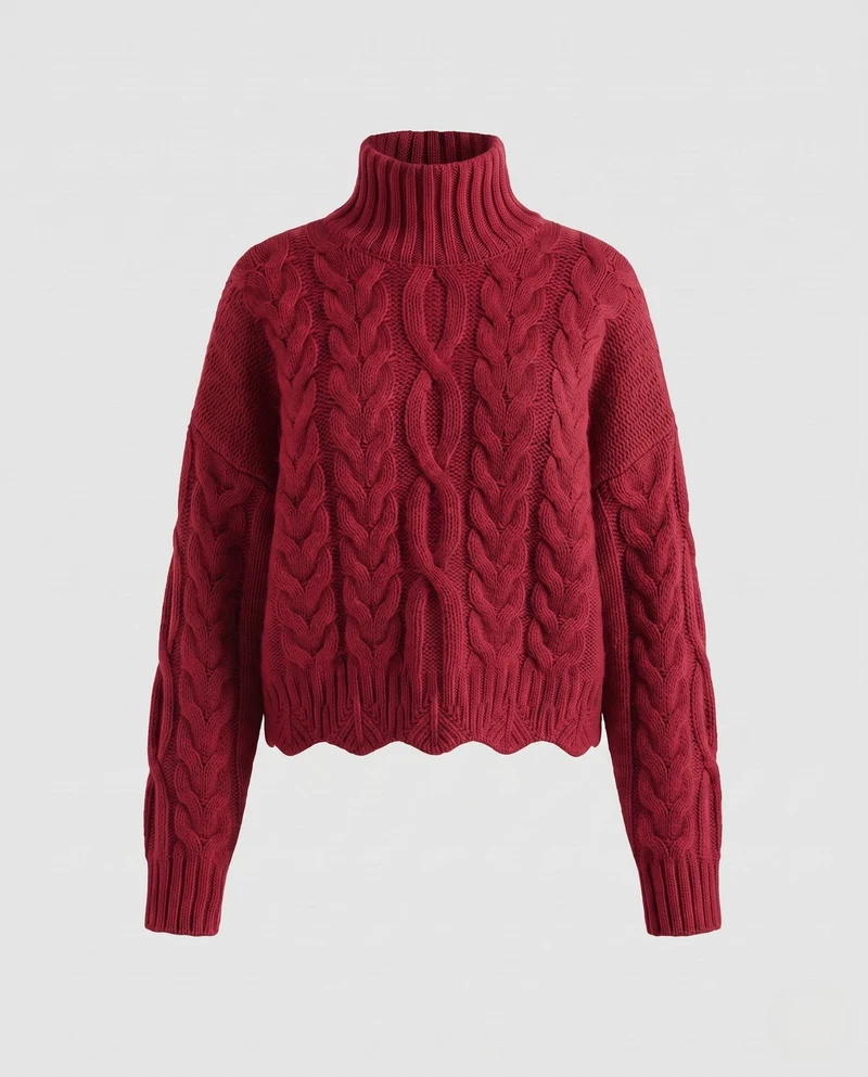 Damen Grobgestrickter Rollkragenpullover mit Zopfmuster und kastiger Silhouette Nord Taschen