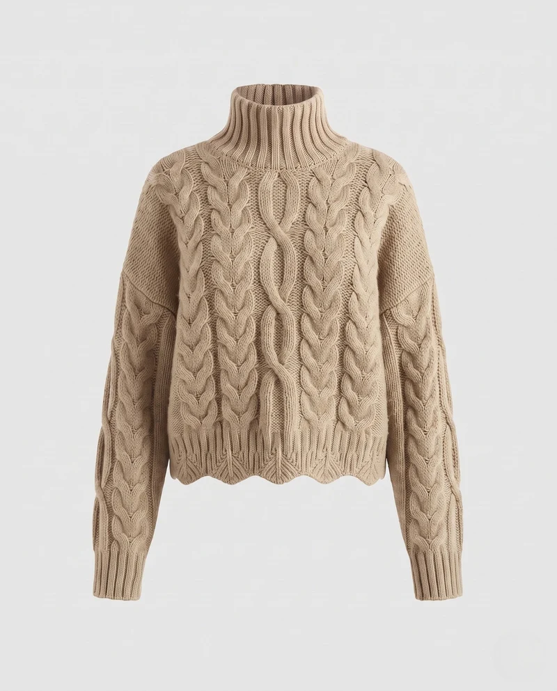 Damen Grobgestrickter Rollkragenpullover mit Zopfmuster und kastiger Silhouette Nord Taschen