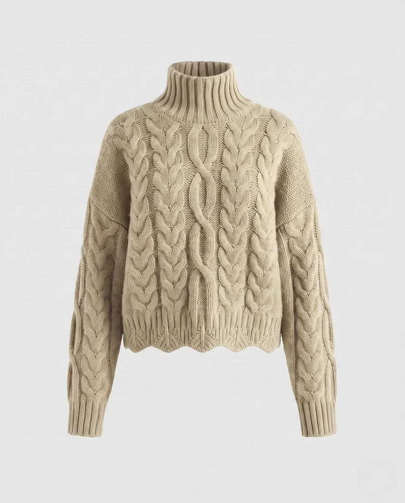 Damen Grobgestrickter Rollkragenpullover mit Zopfmuster und kastiger Silhouette Nord Taschen