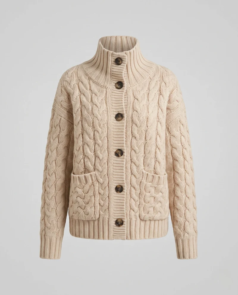 Damen Grobstrick-Cardigan mit Zopfmuster, hohem Rippkragen und aufgesetzten Taschen Nord Taschen