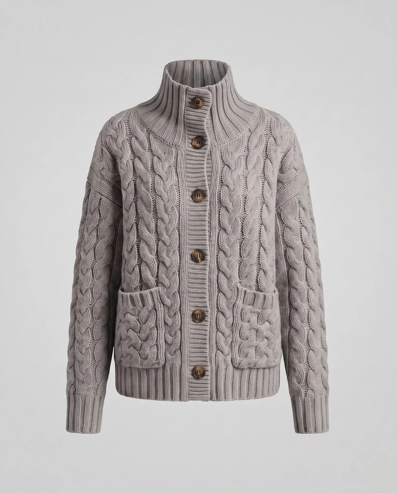 Damen Grobstrick-Cardigan mit Zopfmuster, hohem Rippkragen und aufgesetzten Taschen Nord Taschen