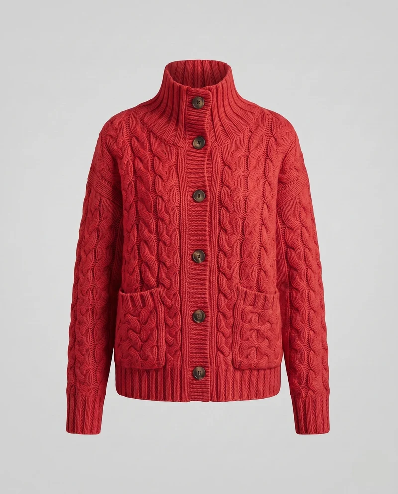Damen Grobstrick-Cardigan mit Zopfmuster, hohem Rippkragen und aufgesetzten Taschen Nord Taschen