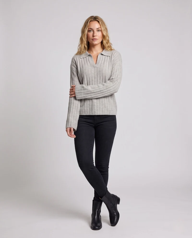 Damen Grobgerippter Wollmix-Pullover mit Polokragen und weiten Ärmeln Nord Taschen