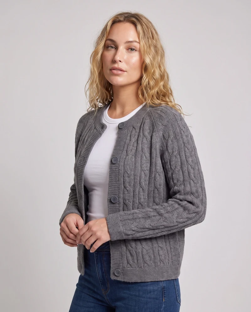 Damen Gestrickte Zopfmuster-Strickjacke mit Rundhals und durchgehender Knopfleiste Nord Taschen