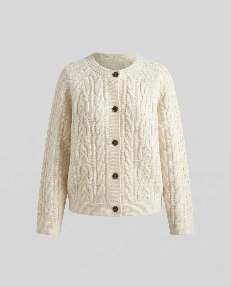 Damen Gestrickte Zopfmuster-Strickjacke mit Rundhals und durchgehender Knopfleiste Nord Taschen