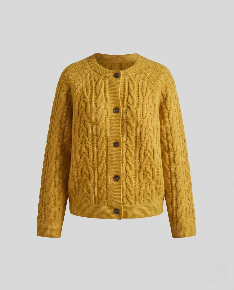 Damen Gestrickte Zopfmuster-Strickjacke mit Rundhals und durchgehender Knopfleiste Nord Taschen