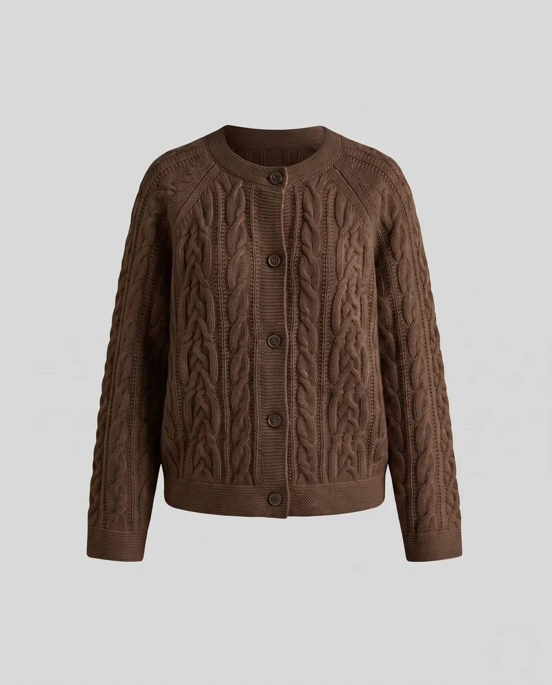 Damen Gestrickte Zopfmuster-Strickjacke mit Rundhals und durchgehender Knopfleiste Nord Taschen