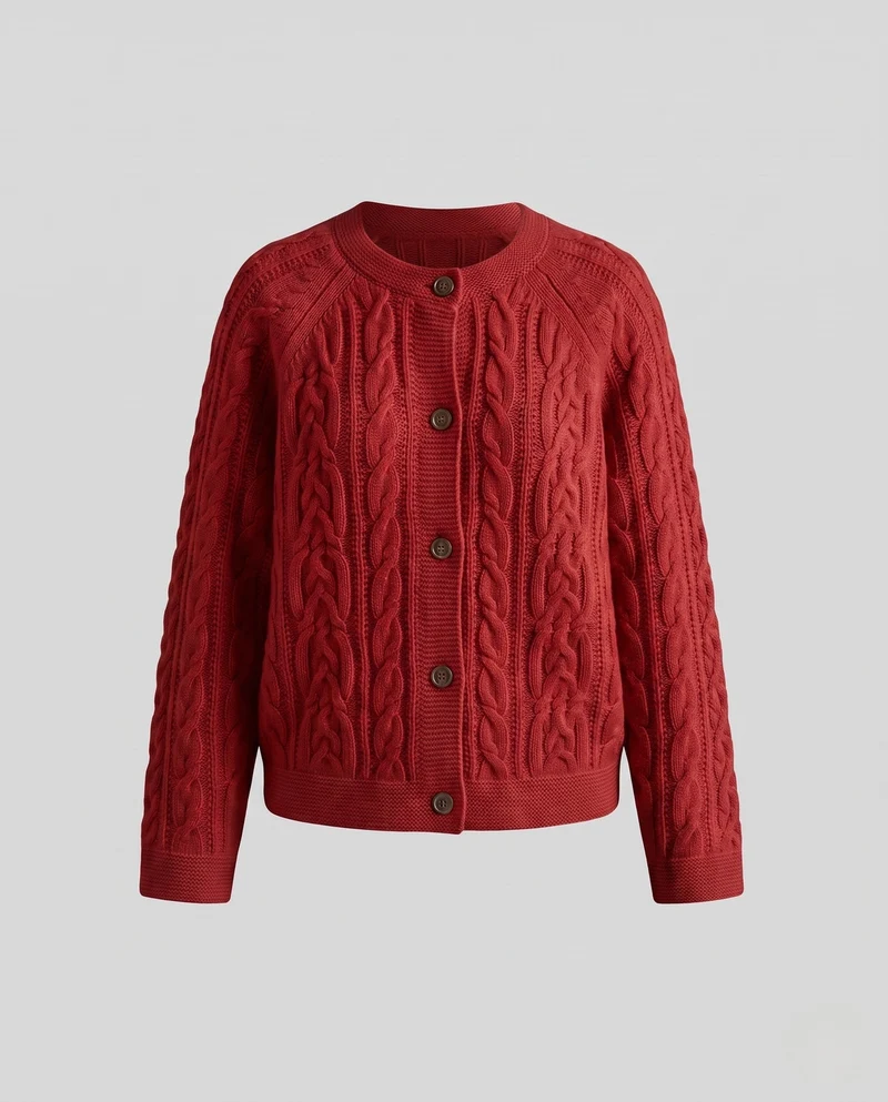 Damen Gestrickte Zopfmuster-Strickjacke mit Rundhals und durchgehender Knopfleiste Nord Taschen