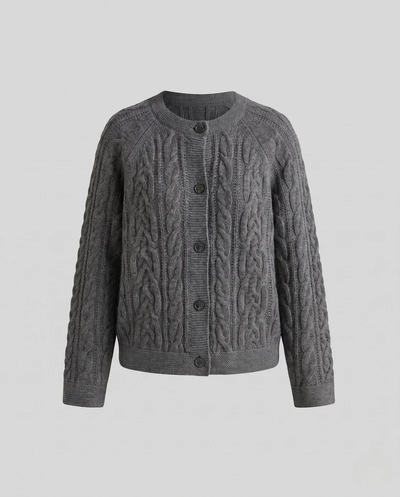 Damen Gestrickte Zopfmuster-Strickjacke mit Rundhals und durchgehender Knopfleiste Nord Taschen