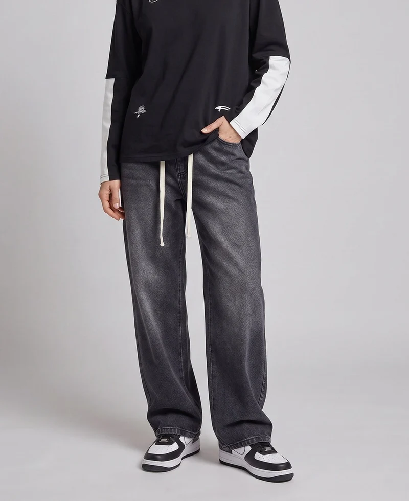 Damen Casual Weite Bein Jeans Nord Taschen