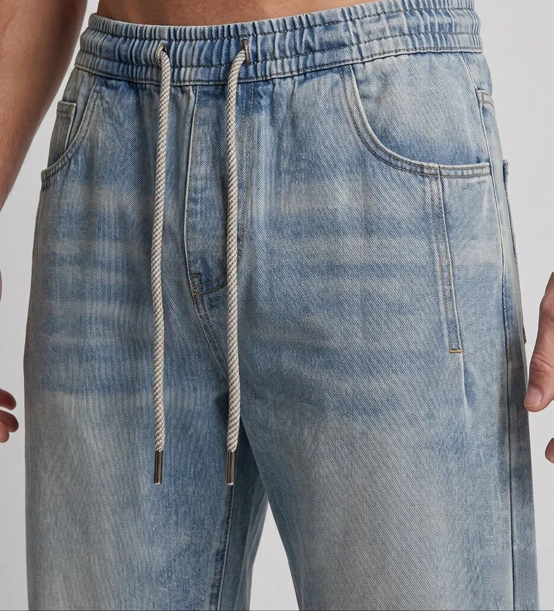 Herren Weite Baggy-Denimhose mit elastischem Kordelbund & Used-Wash Nord Taschen