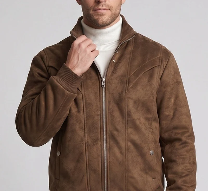 Herren Wattierte Velours-Optik Bomberjacke mit Teddyfutter und Rippenkragen Nord Taschen