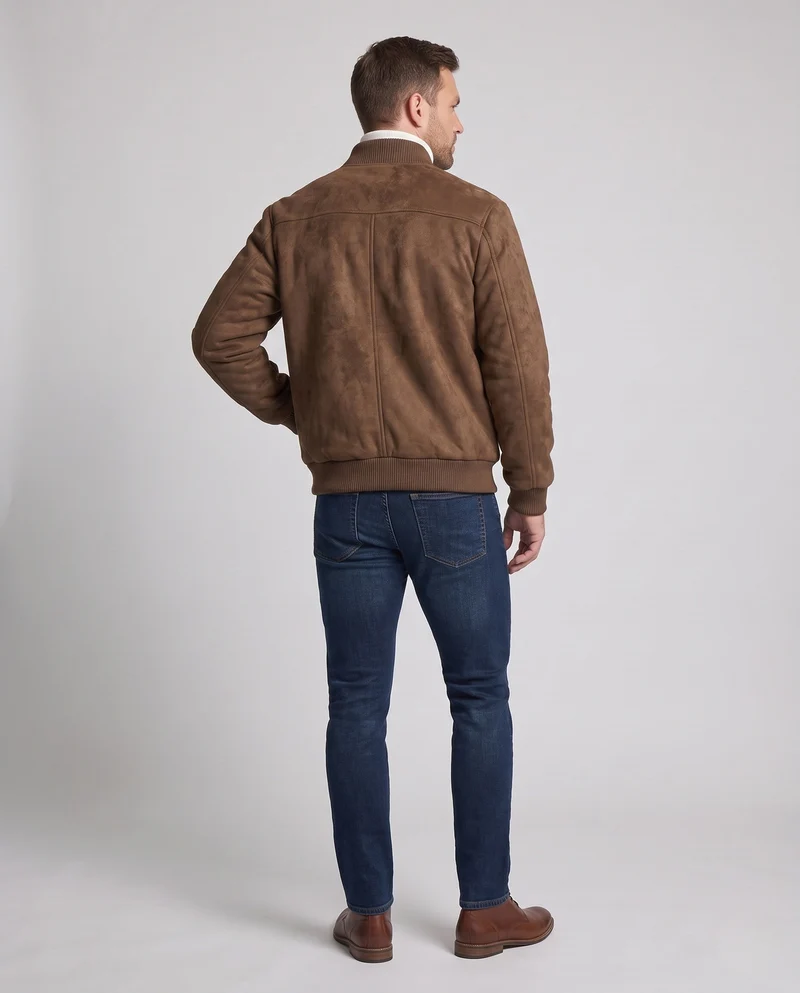 Herren Wattierte Velours-Optik Bomberjacke mit Teddyfutter und Rippenkragen Nord Taschen