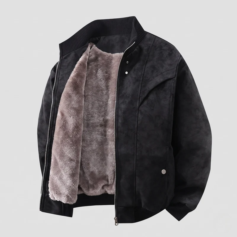 Herren Wattierte Velours-Optik Bomberjacke mit Teddyfutter und Rippenkragen Nord Taschen