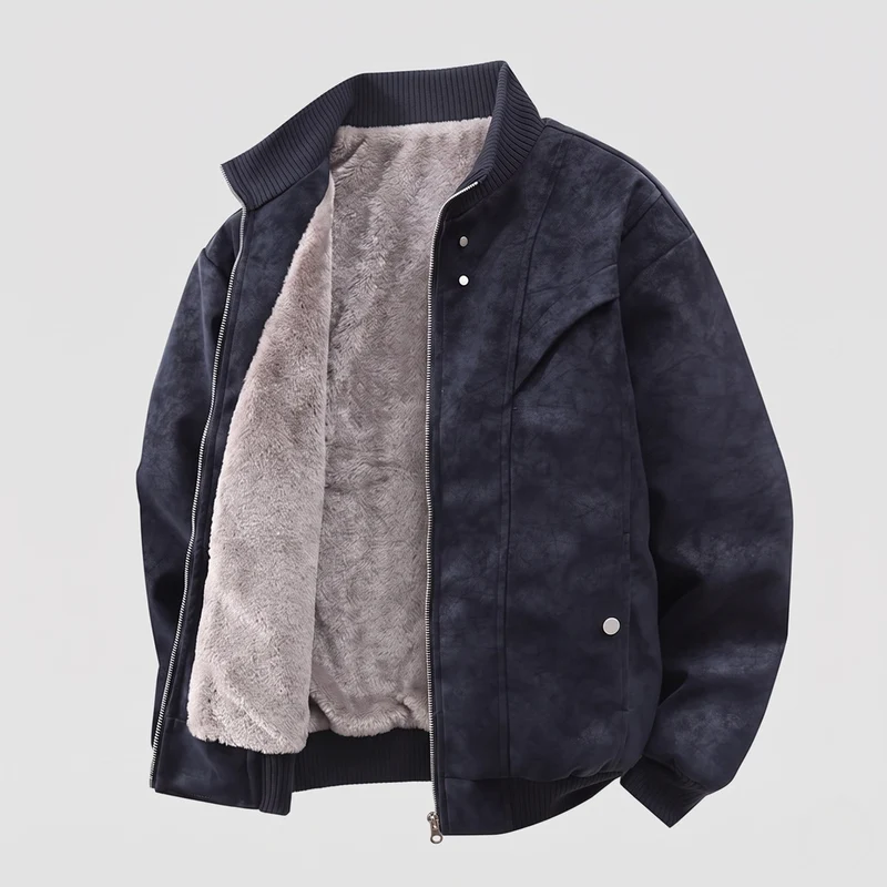 Herren Wattierte Velours-Optik Bomberjacke mit Teddyfutter und Rippenkragen Nord Taschen
