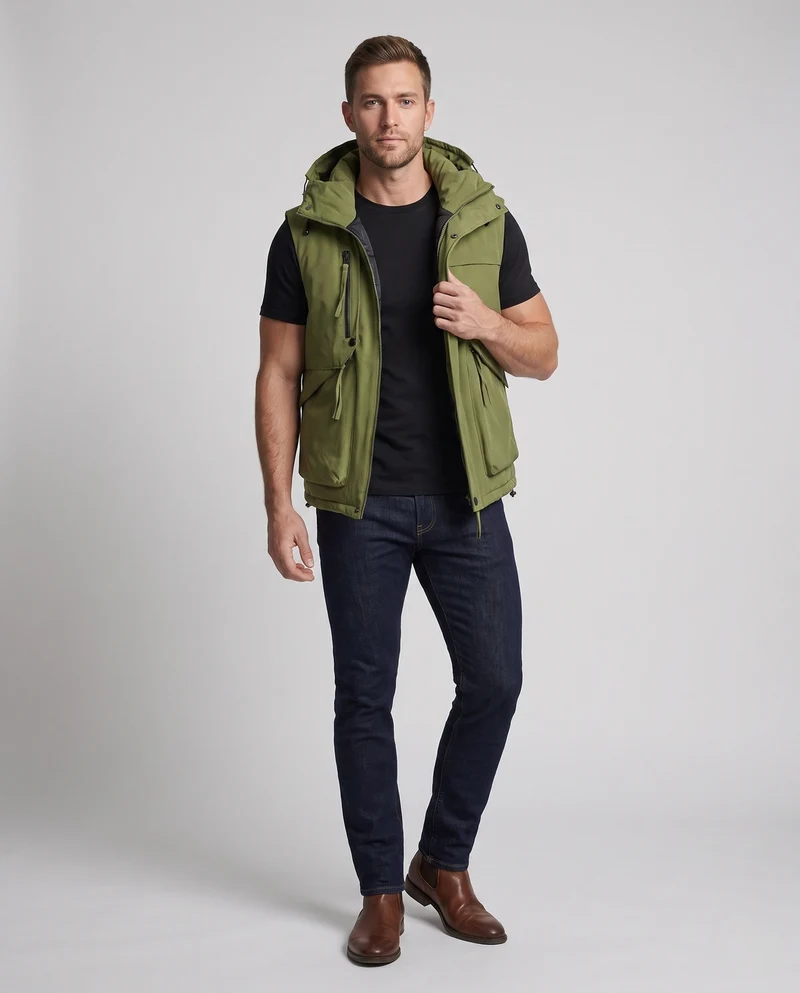 Herren Wattierte Utility-Weste mit Kapuze, Mehrfach-Taschen & Thermofutter Nord Taschen