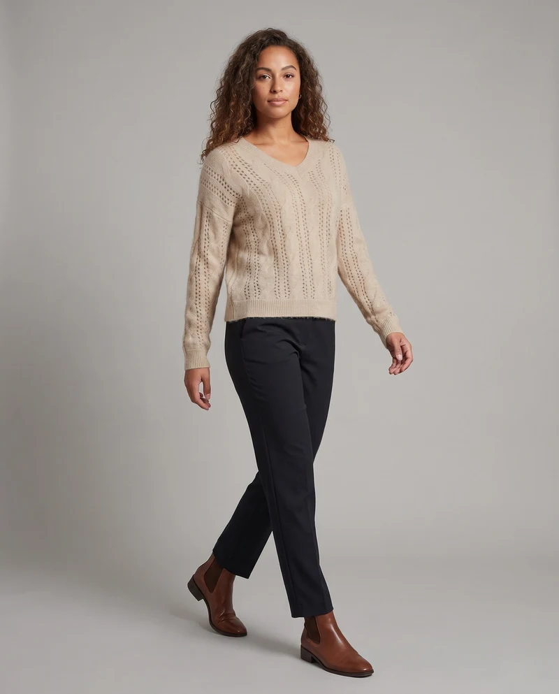 Damen Feiner V‑Ausschnitt-Feinstrickpullover mit Ajourmuster und legerer Oversize-Silhouette Nord Taschen