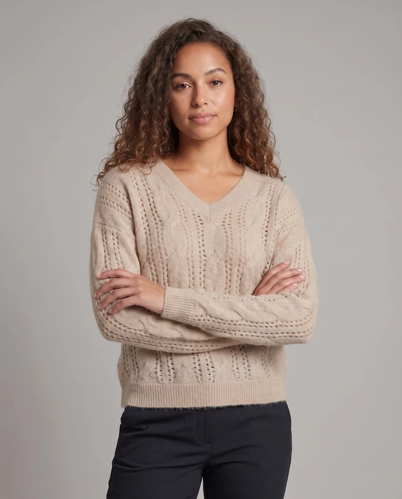 Damen Feiner V‑Ausschnitt-Feinstrickpullover mit Ajourmuster und legerer Oversize-Silhouette Nord Taschen