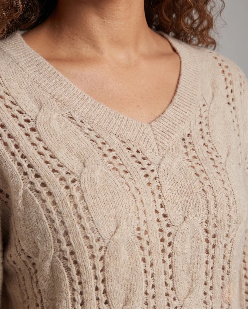 Damen Feiner V‑Ausschnitt-Feinstrickpullover mit Ajourmuster und legerer Oversize-Silhouette Nord Taschen