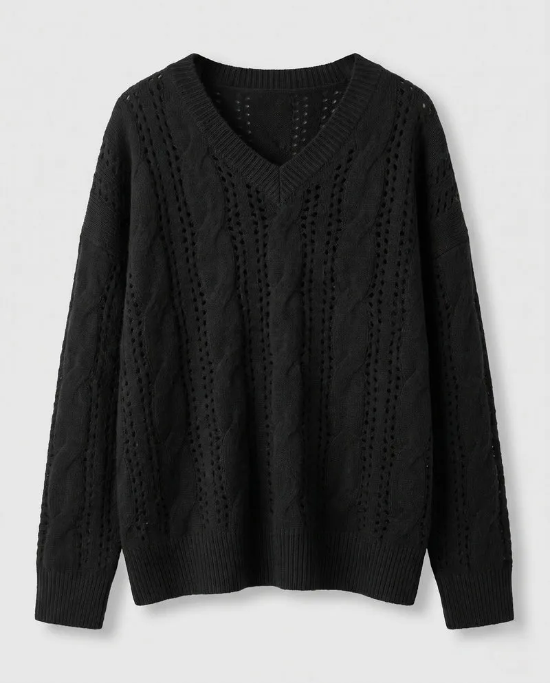 Damen Feiner V‑Ausschnitt-Feinstrickpullover mit Ajourmuster und legerer Oversize-Silhouette Nord Taschen