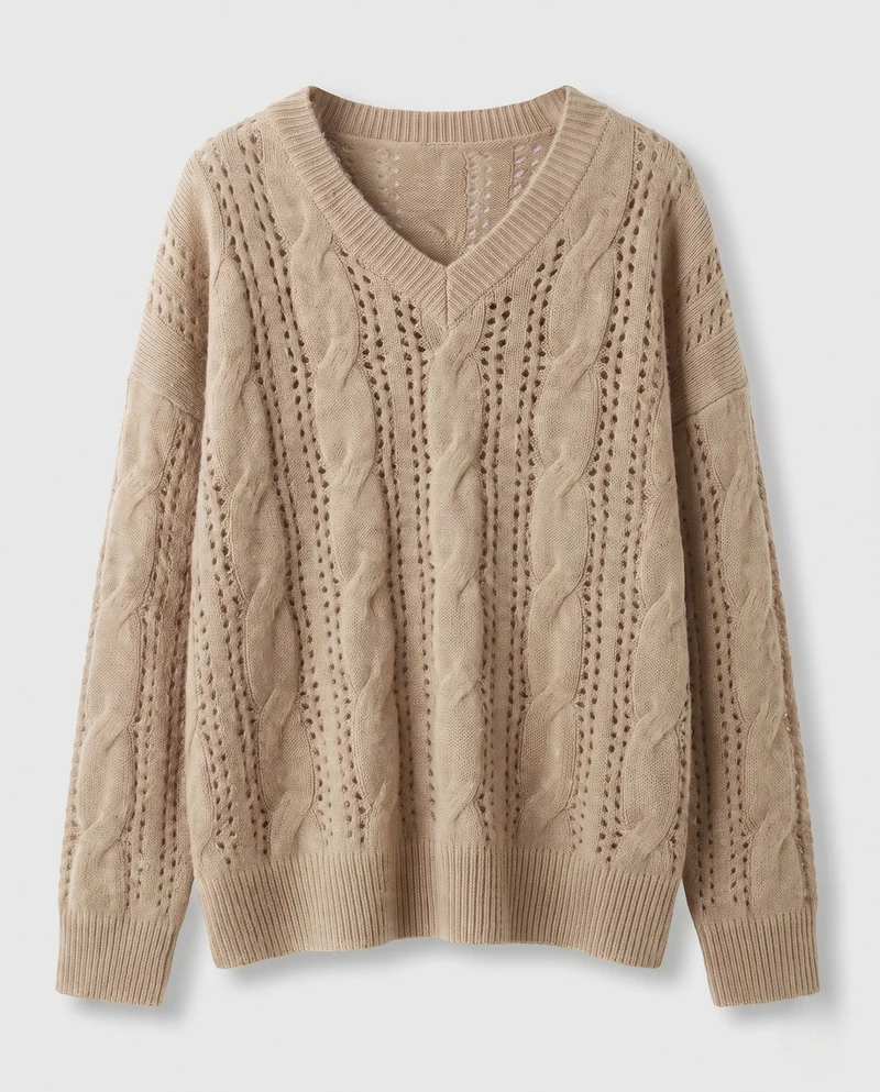Damen Feiner V‑Ausschnitt-Feinstrickpullover mit Ajourmuster und legerer Oversize-Silhouette Nord Taschen