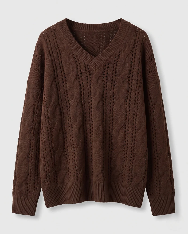 Damen Feiner V‑Ausschnitt-Feinstrickpullover mit Ajourmuster und legerer Oversize-Silhouette Nord Taschen