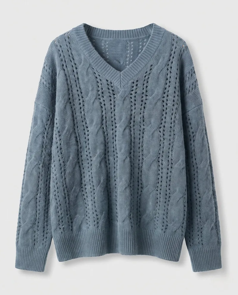 Damen Feiner V‑Ausschnitt-Feinstrickpullover mit Ajourmuster und legerer Oversize-Silhouette Nord Taschen