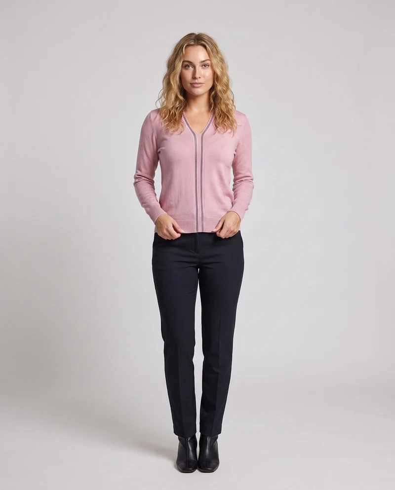 Damen Feiner V‑Ausschnitt-Feinstrickpullover mit dekorativem Strassstreifen und geripptem Saum Nord Taschen