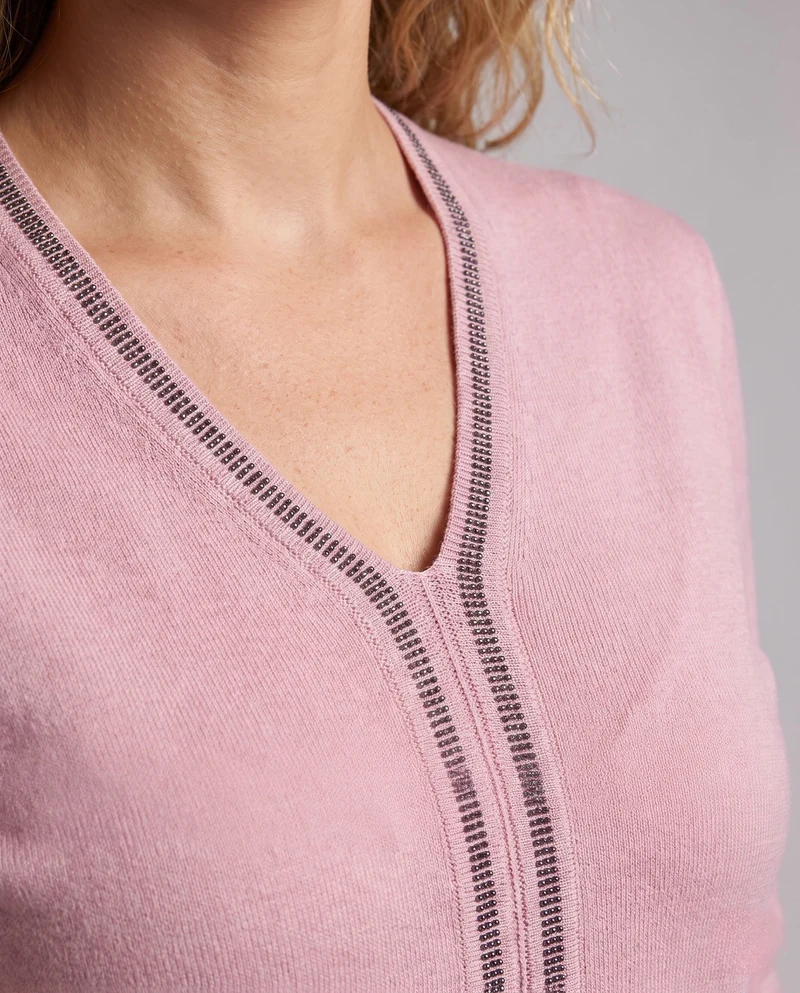 Damen Feiner V‑Ausschnitt-Feinstrickpullover mit dekorativem Strassstreifen und geripptem Saum Nord Taschen