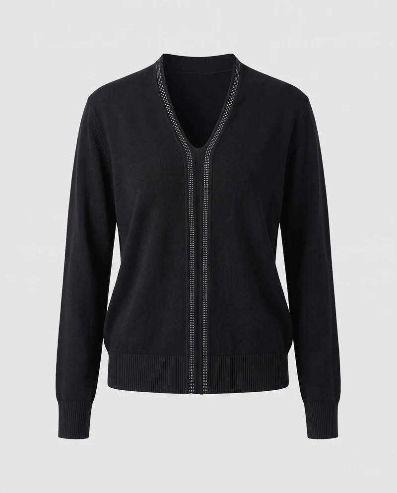 Damen Feiner V‑Ausschnitt-Feinstrickpullover mit dekorativem Strassstreifen und geripptem Saum Nord Taschen