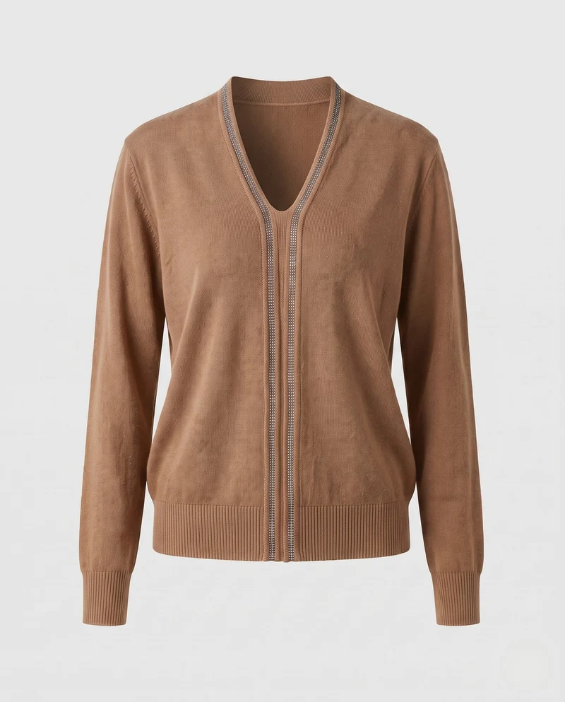 Damen Feiner V‑Ausschnitt-Feinstrickpullover mit dekorativem Strassstreifen und geripptem Saum Nord Taschen