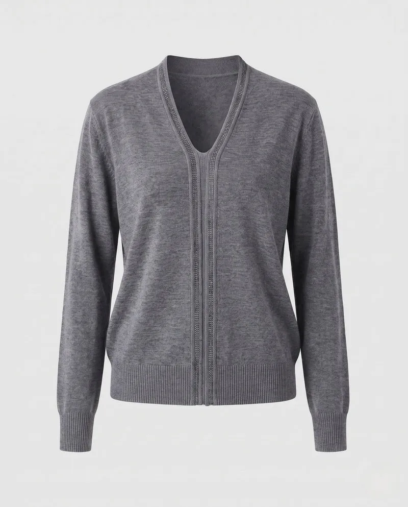 Damen Feiner V‑Ausschnitt-Feinstrickpullover mit dekorativem Strassstreifen und geripptem Saum Nord Taschen