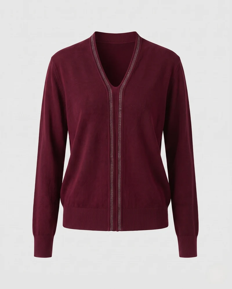 Damen Feiner V‑Ausschnitt-Feinstrickpullover mit dekorativem Strassstreifen und geripptem Saum Nord Taschen