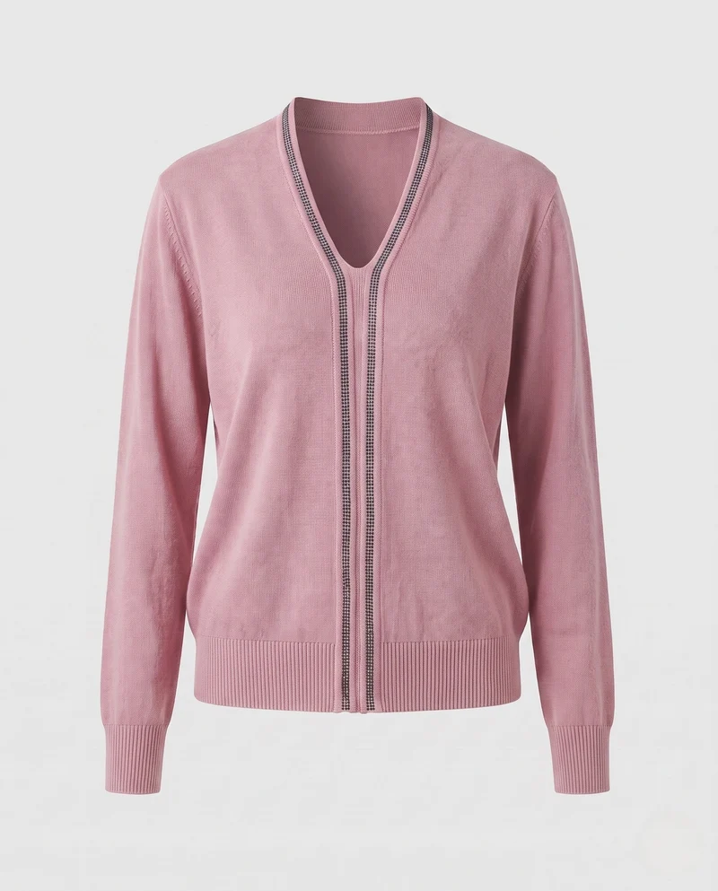 Damen Feiner V‑Ausschnitt-Feinstrickpullover mit dekorativem Strassstreifen und geripptem Saum Nord Taschen