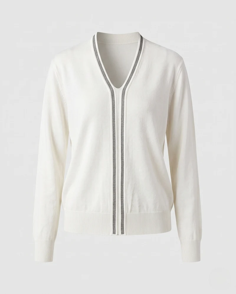 Damen Feiner V‑Ausschnitt-Feinstrickpullover mit dekorativem Strassstreifen und geripptem Saum Nord Taschen