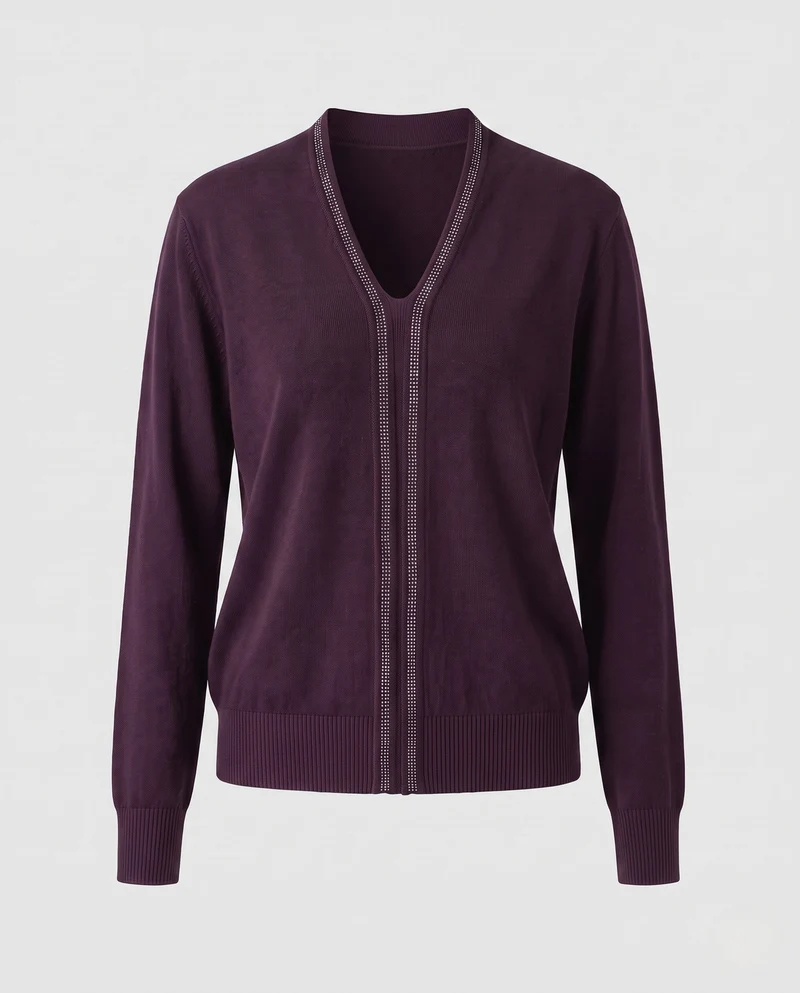 Damen Feiner V‑Ausschnitt-Feinstrickpullover mit dekorativem Strassstreifen und geripptem Saum Nord Taschen