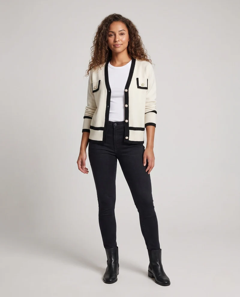 Damen Feiner V‑Ausschnitt‑Cardigan im Vintage‑Chanel‑Look mit Perlmutt‑Zierknöpfen Nord Taschen