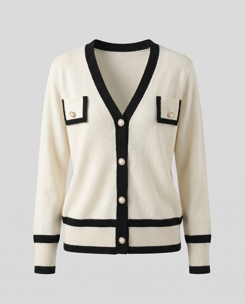 Damen Feiner V‑Ausschnitt‑Cardigan im Vintage‑Chanel‑Look mit Perlmutt‑Zierknöpfen Nord Taschen