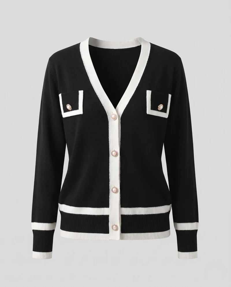 Damen Feiner V‑Ausschnitt‑Cardigan im Vintage‑Chanel‑Look mit Perlmutt‑Zierknöpfen Nord Taschen