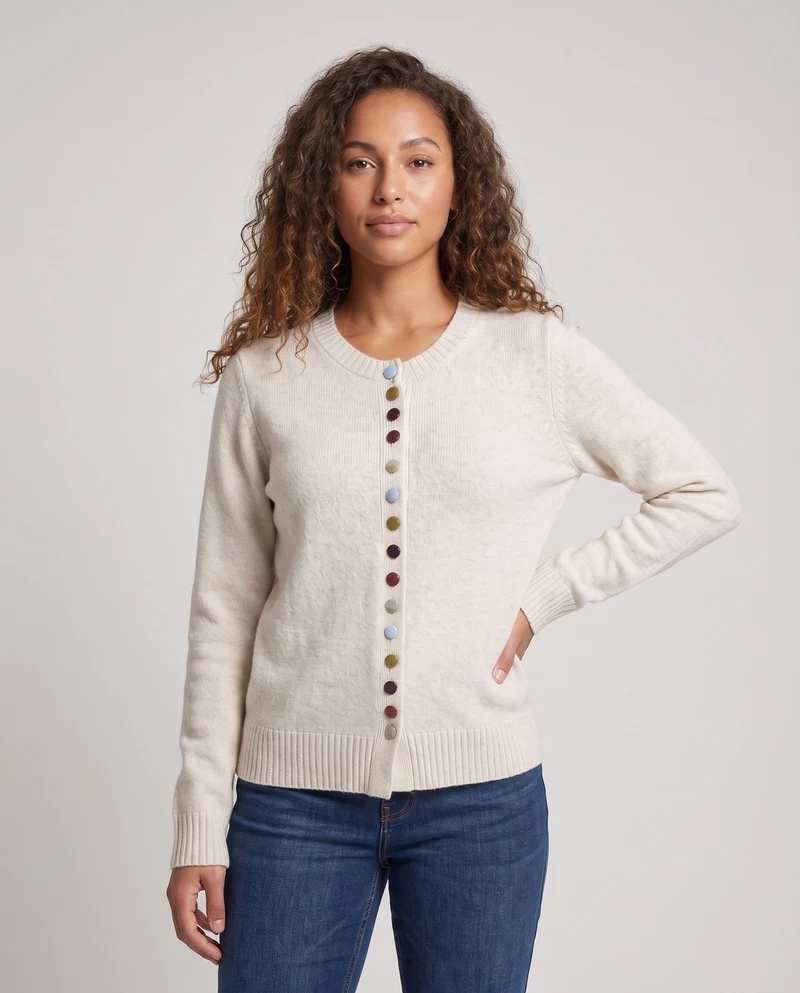 Damen Feiner V-Ausschnitt-Cardigan mit mehrfarbigen Zierknöpfen und geripptem Saum Nord Taschen