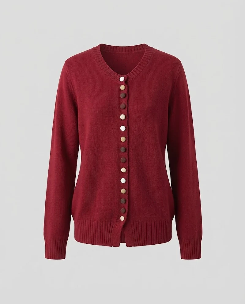 Damen Feiner V-Ausschnitt-Cardigan mit mehrfarbigen Zierknöpfen und geripptem Saum Nord Taschen