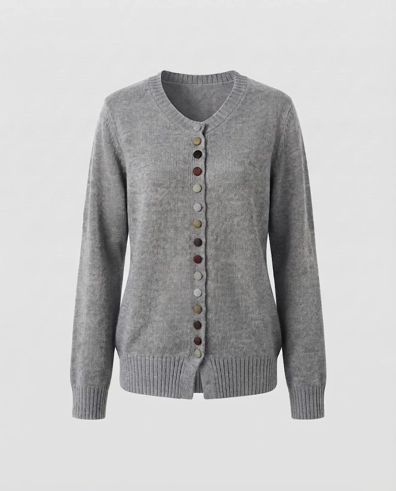 Damen Feiner V-Ausschnitt-Cardigan mit mehrfarbigen Zierknöpfen und geripptem Saum Nord Taschen