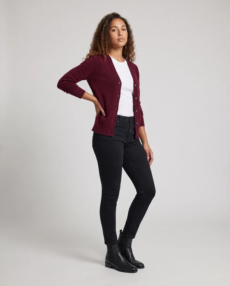 Damen Feiner V‑Ausschnitt-Cardigan aus Kaschmir‑Optik mit Rippbündchen Nord Taschen