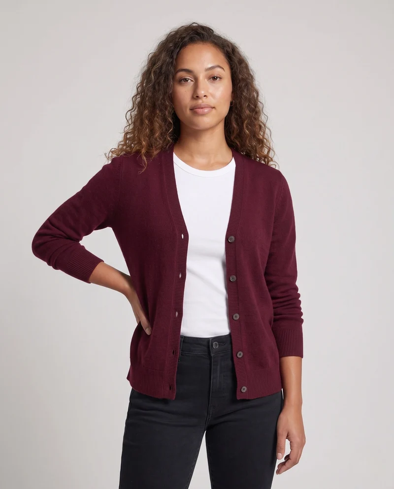 Damen Feiner V‑Ausschnitt-Cardigan aus Kaschmir‑Optik mit Rippbündchen Nord Taschen