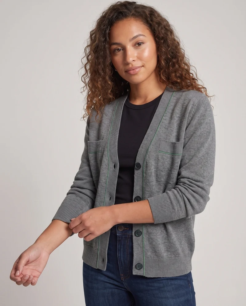 Damen Feiner V-Ausschnitt-Cardigan aus softem Wollmix mit Kontrastnaht Nord Taschen