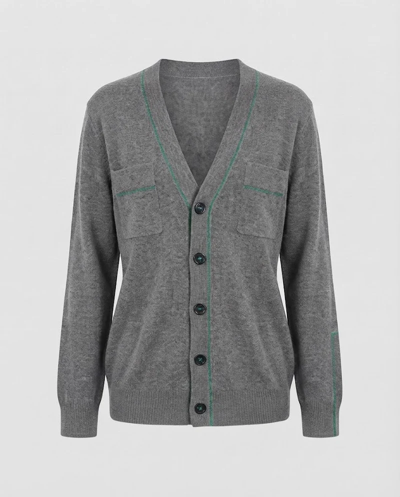 Damen Feiner V-Ausschnitt-Cardigan aus softem Wollmix mit Kontrastnaht Nord Taschen