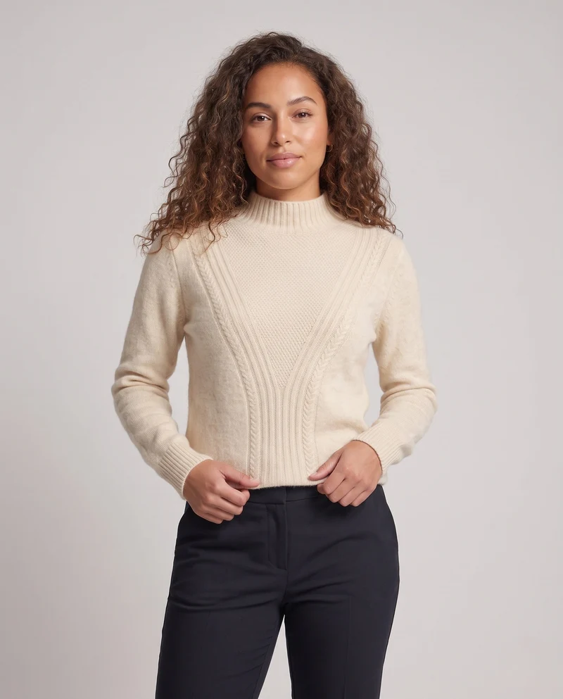 Damen Feiner Strukturpullover mit V‑Passe, Mockneck und Angora‑Look Nord Taschen