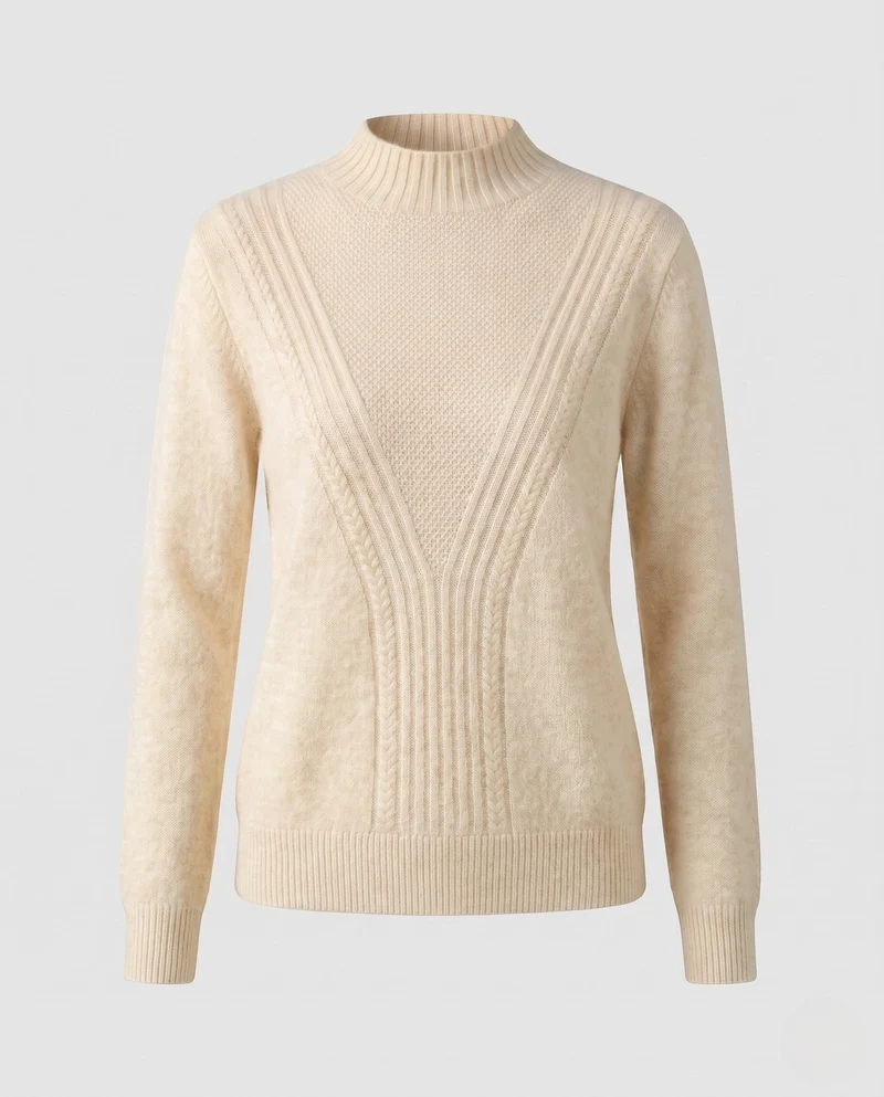 Damen Feiner Strukturpullover mit V‑Passe, Mockneck und Angora‑Look Nord Taschen