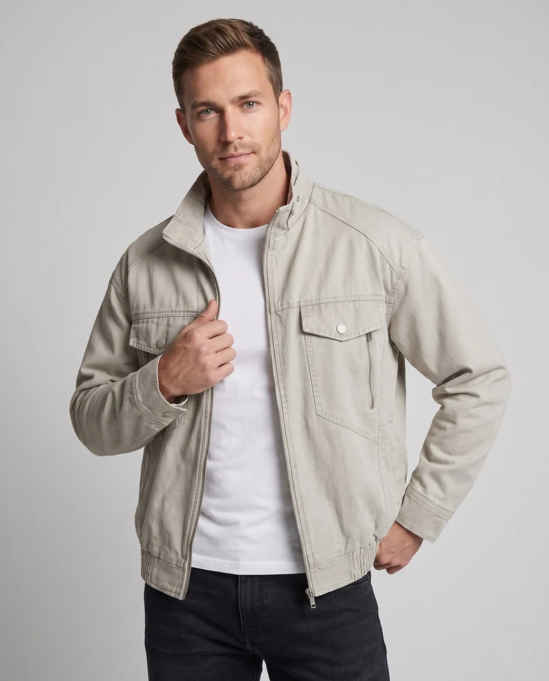 Herren Oversize Utility-Übergangsjacke mit Stehkragen, Elastischem Saum & Brusttaschen Nord Taschen
